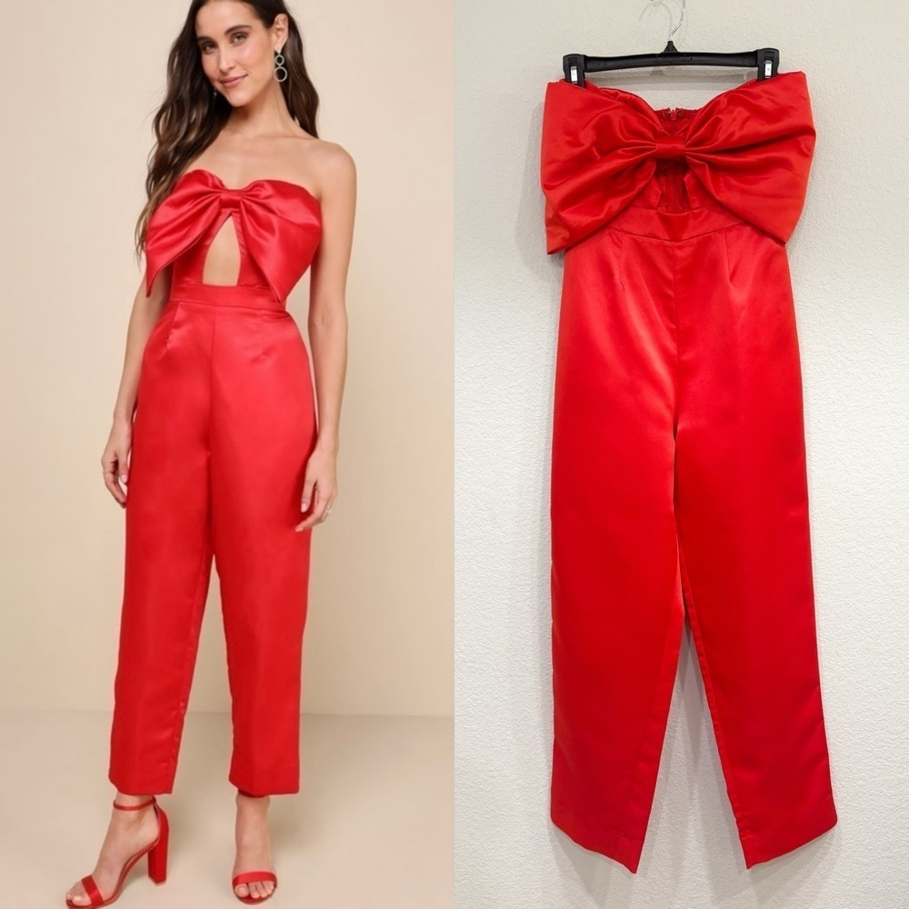 Size XS Lulus Iconic Date Red Satin Bow Cutout Strapless Jumpsuit